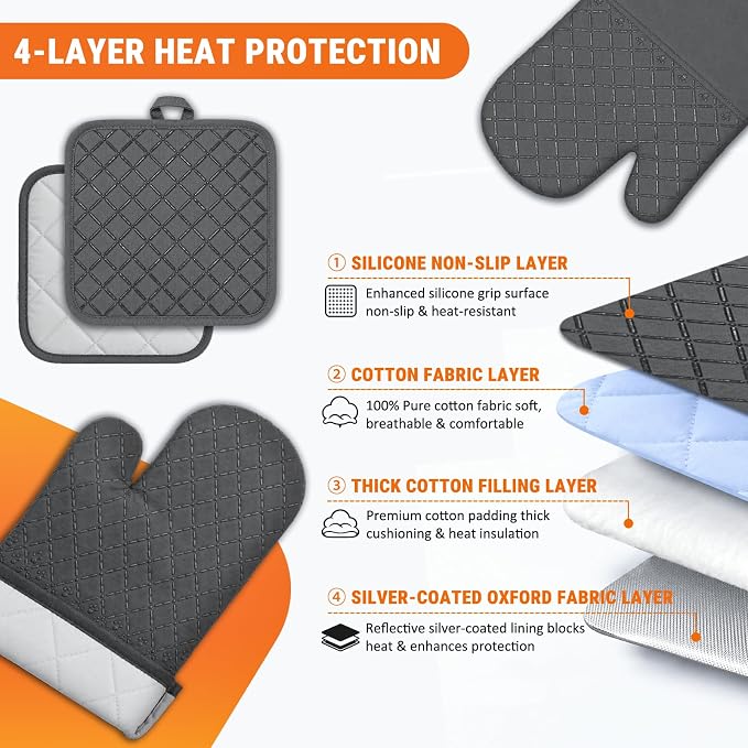 Oven Mitts Pot Holders Kitchen Towels Waffle Weave Dishcloths Sets 12Pcs | Silver Wire Dishcloths, Oven Gloves Pot Pads 500°F Heat Resistant w/Non-Slip Silicone Surface for Cooking Baking Grilling