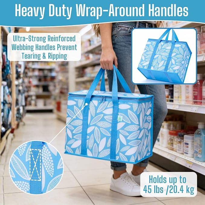 VENO 3 Pack Insulated Cooler Bag Reusable Grocery Bag for Food Delivery | Heavy Duty Large Collapsible Cooler Shopping Tote w/ Zippers, Foldable, Stands Upright for Camping (Spring Breeze, 3 Pack)