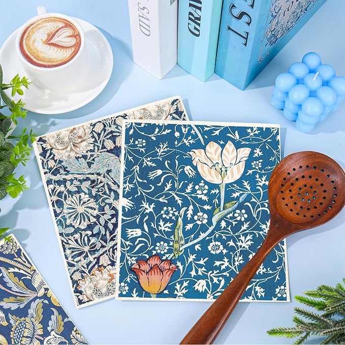 8 Pcs Foliage Swedish Dishcloths Vintage Blue Floral, 7 x 8 Inch | Retro Flower, Cotton, Kitchen Towel, Absorbent, Dish Towel, for Home Kitchen Housewarming Cleaning