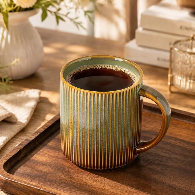 theterra Ceramic Coffee Mugs Set of 6, 14.2 oz Coffee Cups with Handle | Handmade, Suitable for Latte, Tea, Milk, Beer & Hot Cocoa, Sage Umber