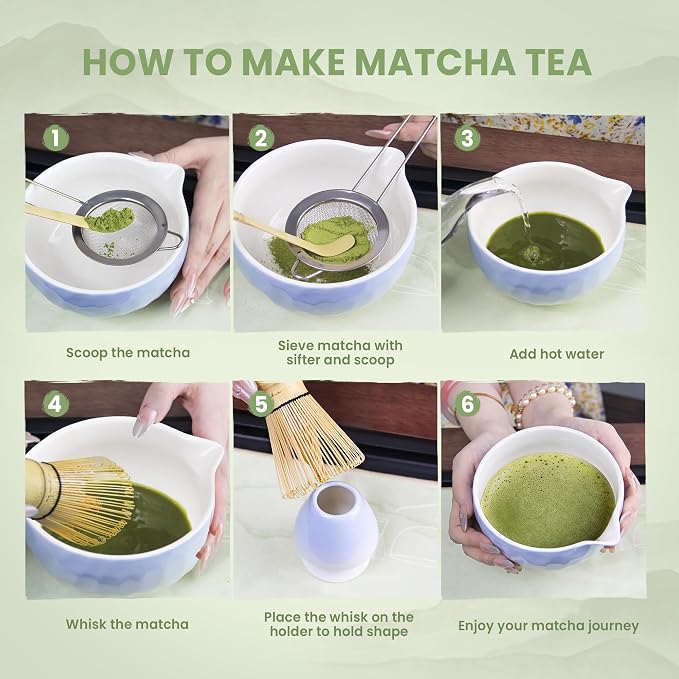 Matcha Whisk Set – Ceramic Matcha Bowl with Pour Spout, Bamboo Whisk, Whisk Holder, Scoop, Sifter – Japanese Matcha Kit for Beginners (Gradient Blue)
