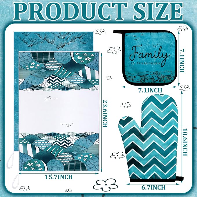 Bencailor 6 Pcs Boho Mountains Kitchen Towels Oven Mitts and Pot Holders Set Decorative Dish Towels Tea Washcloth Non Slip Heat Resistant Oven Gloves for Summer Home Cooking Baking, Turquoise