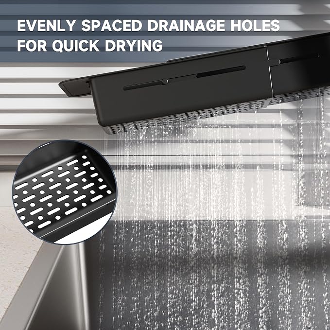 NiHome Extendable Kitchen Sink Caddy, Small Brush Sponge Storage Holder | Expandable Kitchen In Sink Organizer for Brush & Sponge with Drainage, Adjustable Length, Non-Slip Pads, Durable ABS (Black)