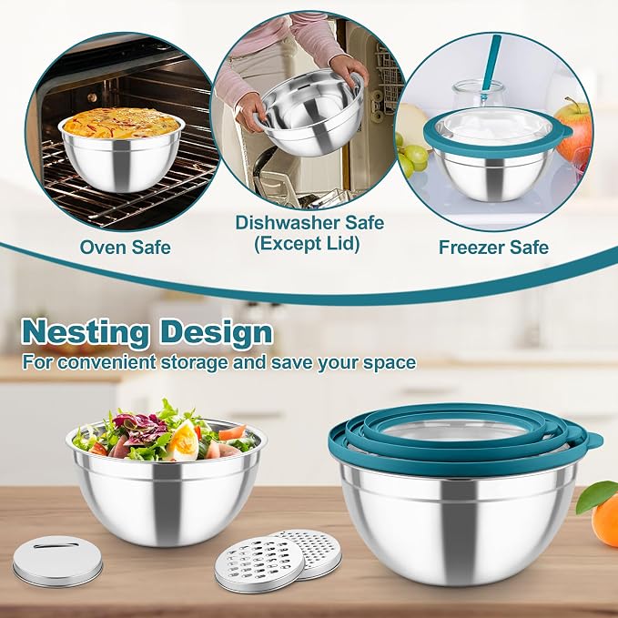 TeamFar Mixing Bowls, Stainless Steel Salad Serving Bowl with Clear Lids | with 3 Graters, For Kitchen Cooking Prepping Storing, Size 4.6/2.6/1.5/1/0.7 QT, Nesting & Airtight, Set of 5 & Blue