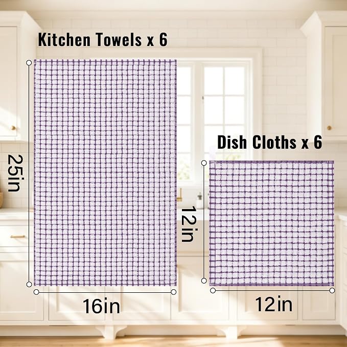 Homaxy Kitchen Towels and Dishcloths Set, Set of 12, Purple | Cotton Terry Kitchen Dish Towels, Super Soft and Absorbent Dish Cloths, 16 x 25 and 12 x 12 Inches