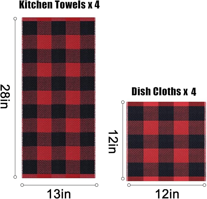 Homaxy Kitchen Towels and Dishcloths Set, Set of 8, Black & Red | Bulk Cotton Waffle Weave Check Plaid Kitchen Towels, Super Soft and Absorbent Dish Cloths, 12 x 12 and 13 x 28 Inches