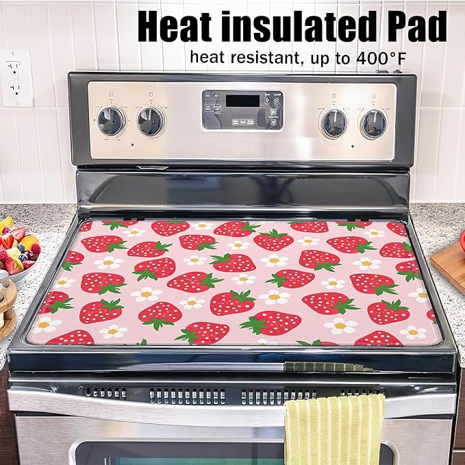Sweet Strawberry Glass Top Stove Cover Protector,Lovely Flower Stove Top Covers for Electric Stove,Washable Heat Resistant Cooktop Mat Anti-Slip Range Covers, 28 x 20 Inch
