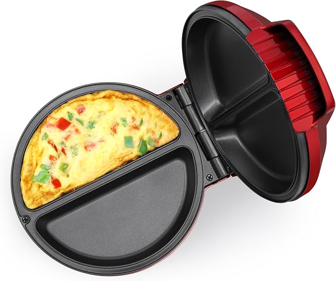 Holstein Housewares Stainless Steel 2 Section Omelet & Frittata Maker, Non Stick Coating, Easy To Clean, Indicator Lights, Compact Storage, Versatile Recipes in Minutes. 2 Portions, Metallic Red
