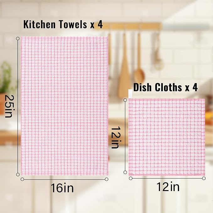 Homaxy Kitchen Towels and Dishcloths Set, Set of 8, Pink | Cotton Terry Kitchen Dish Towels, Super Soft and Absorbent Dish Cloths, 16 x 25 and 12 x 12 Inches