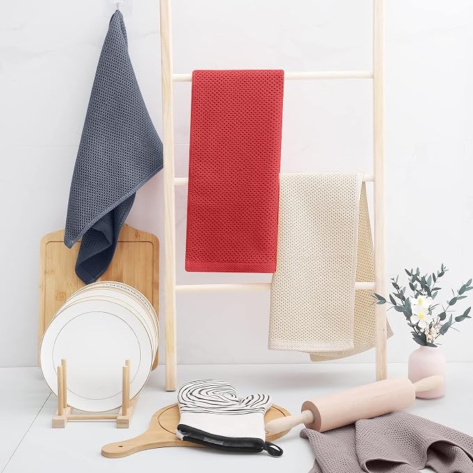 Homaxy 100% Cotton Waffle Weave Kitchen Towels, 3-Pack, Beige | 13 x 28 Inches, Ultra Soft Absorbent Dish Towels, Quick Drying Cleaning Towels
