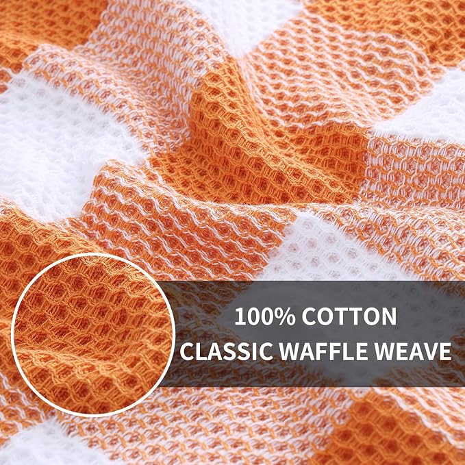 Homaxy Kitchen Towels and Dishcloths Set, Set of 8, White & Orange | Bulk Cotton Waffle Weave Check Plaid Kitchen Towels, Super Soft and Absorbent Dish Cloths, 12 x 12 and 13 x 28 Inches