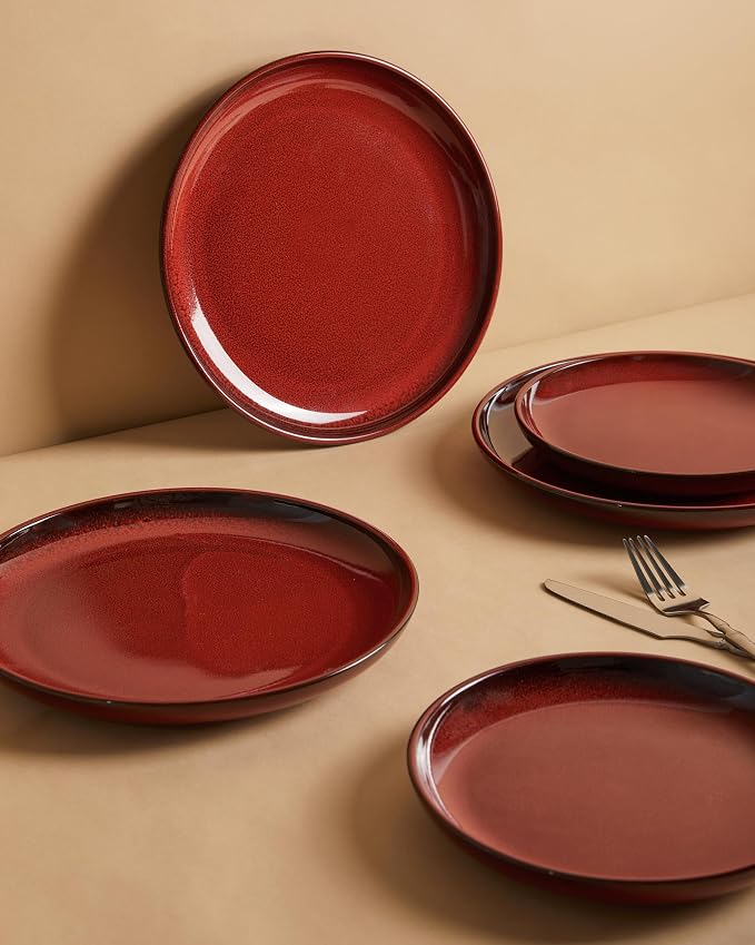 Santorini Mist Terracotta Reactive Glaze Plates and Bowls Sets, Stoneware Dinnerware Sets, Microwave and Dishwasher Safe Ceramic Dish Set Service for 4, Terracotta Red