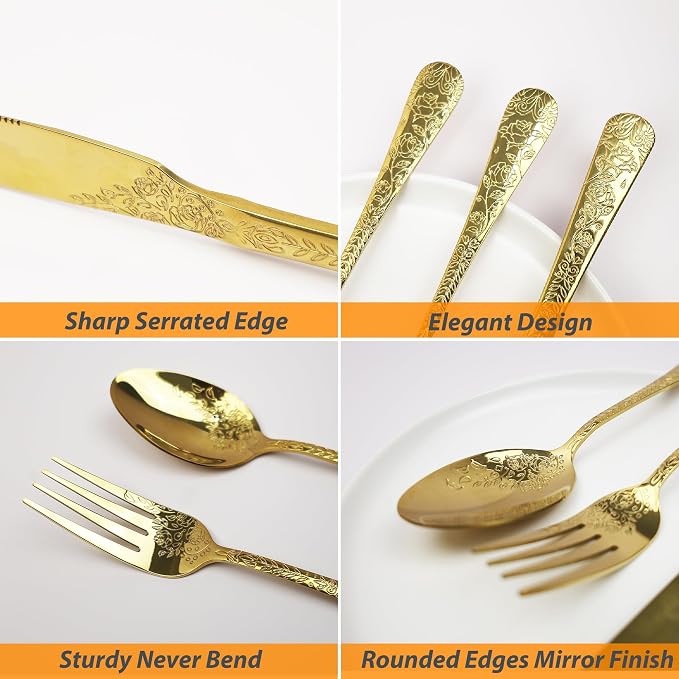 Runfly Modern Carved Floral Gold Stainless Steel 20-Piece Flatware Set | Silverware Set, Vintage Utensil Set, Cutlery Set for Home and Kitchen, with Knife/Fork/Spoon