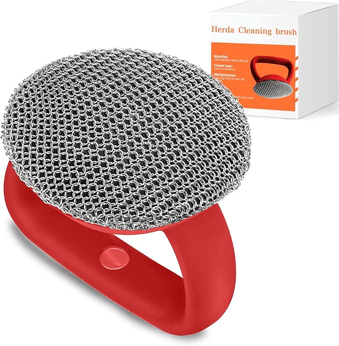 Welded Chainmail Cast Iron Scrubber with Heavy Duty Handle,3mm Fine Ring | Long Lasting Cast Iron Cleaner with Hanging Hole,Metal Sponge Scour Cleaning Grill, Skillet, Frying Pan, Wok,Dutch Oven - Red