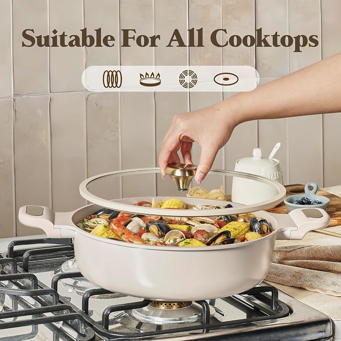 CAROTE 4.5Quart Stock Pot with Lid, Non Toxic Ceramic Soup Pot, Nonstick Cooking Pot, PFAS Free, Dishwasher Safe, Even Heating, Compatible with All Stoves, Light Taupe