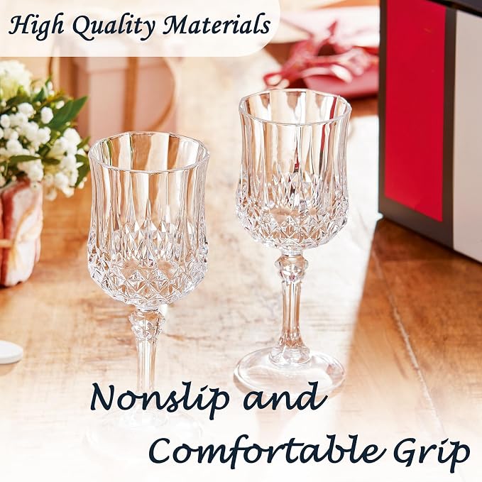 24Pack Plastic Wine Glasses, 7oz Vintage Goblets for Wedding | Unbreakable Crystal Style Reusable Stemware, Elegant Clear Drinking Glass for Party Anniversary & Holiday Celebration