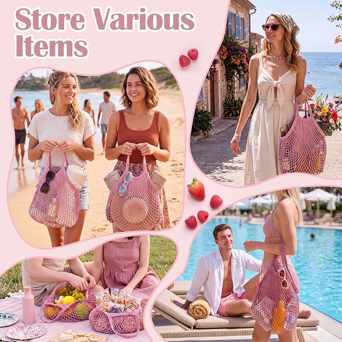 Woanger 24 Pcs Pink Short Handle Reusable Cotton Mesh Produce Shopping Bags Washable Grocery Net Portable Fruit and Vegetable Cotton String Bags Net Tote Organizer