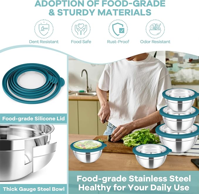 TeamFar Mixing Bowls Set, 4.5/3/1.5/1/0.7 QT Salad Bowl with Lid, Dark Blue | Stainless Steel Nesting Bowls with Visible Airtight Lids, For Serving/ Mixing/ Storing, Non-Toxic & Dishwasher Safe, Set of 5