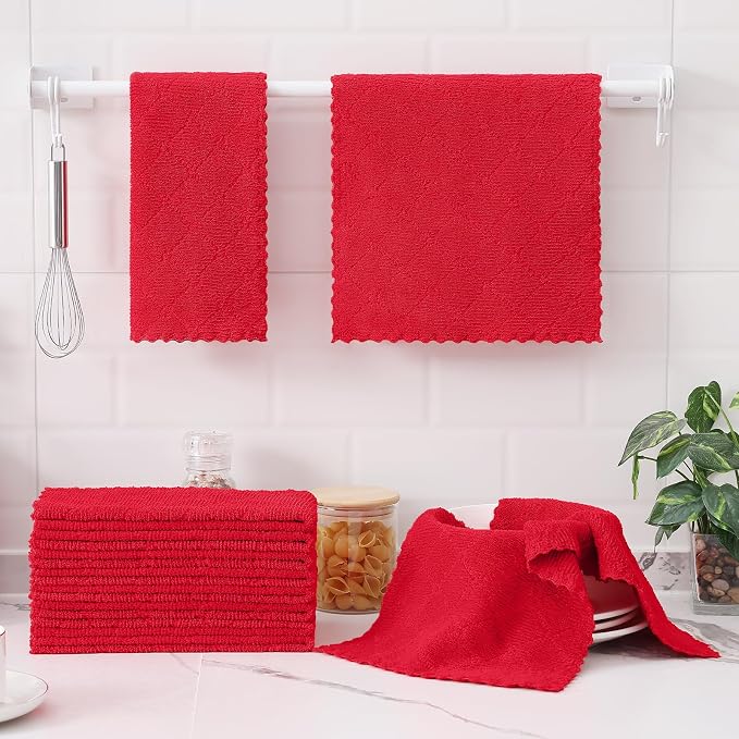 Homaxy 12 Pack Super Soft Absorbent Dish Towels, 10" x 20", Red | Coral Velvet, Nonstick Oil Fast Drying Microfiber Cleaning Cloth, No Lint Dishcloths for washing and drying