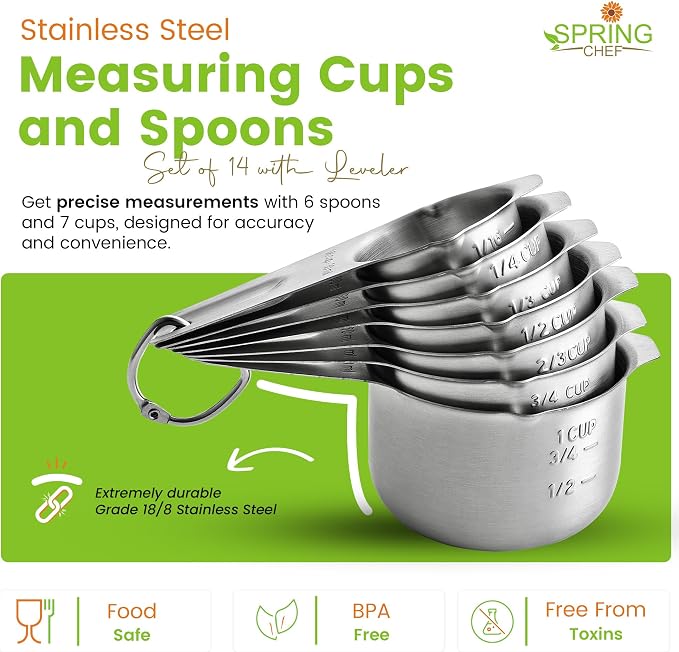 Spring Chef Stainless Steel Measuring Cups and Spoons Set of 14 w/Leveler | Nesting Metal Measuring Cups for Kitchen & Rectangular Teaspoon & Tablespoon Measuring Spoons for Dry and Liquid Ingredients