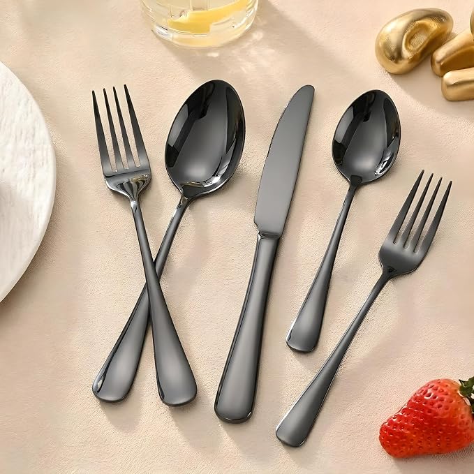 SIAKA 10-Piece Black Silverware Set, Stainless Steel Flatware Set Service for 2, Food Grade Cutlery Utensil Set for Home Restaurant, Include Knife Forks Spoons Set, Mirror Polished Dishwasher Safe
