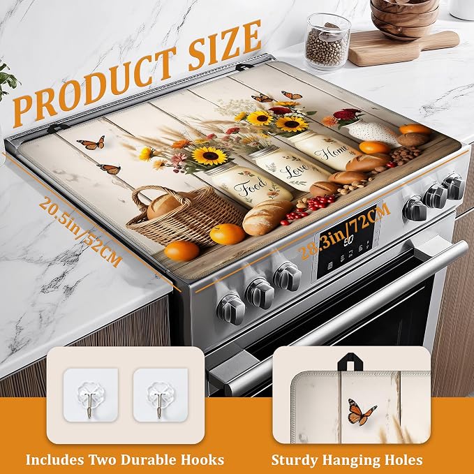 Farmhouse Flowers Stove Top Covers for Electric Stove,Rustic Bread Food Glass Top Stove Cover, Heat Resistant Range Covers for Electric Stove,Washable Countertop Mat, 28 x 20 Inch