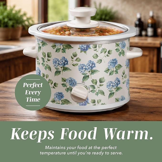 COOK WITH COLOR 2QT Mini Electric Round Slow Cooker - Adjustable Settings, Removable Stoneware Pot, Tempered Glass Lid, Dishwasher Safe, Cool-Touch Side Handles, Floral Blue/Green