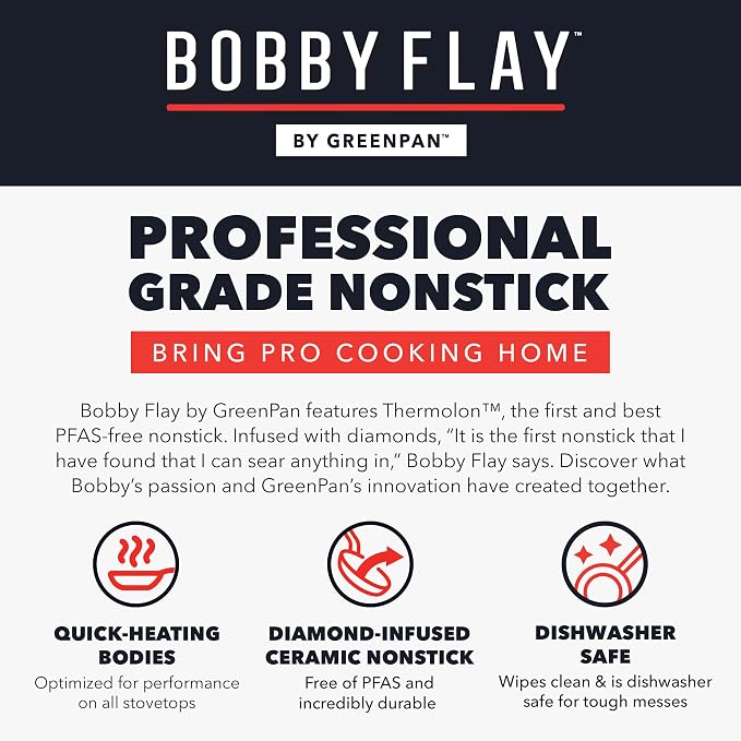 GreenPan x Bobby Flay 2.5QT Ceramic Nonstick Saucepan with Glass Lid, Cream | PFAS-Free Diamond Ceramic Nonstick Chef Pan, Silicone Handle, Induction & All Stovetop Compatible, Dishwasher and Oven Safe