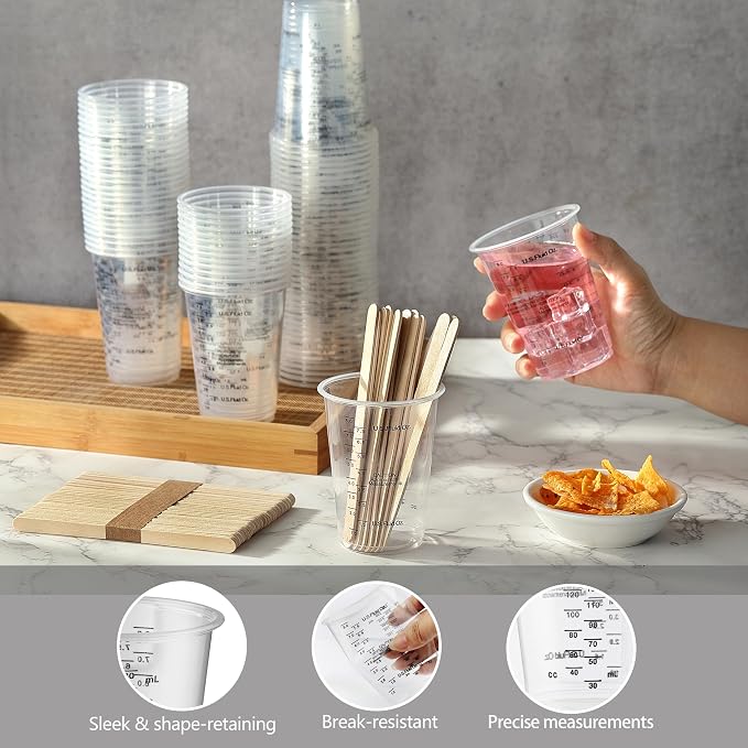 80pcs Paint Mixing Cups, DV 8oz Graduated Clear Plastic Measuring Cups with 80pcs Wooden Stirring Sticks for Mixing Paint, Pigments, Epoxy Resins, Resins