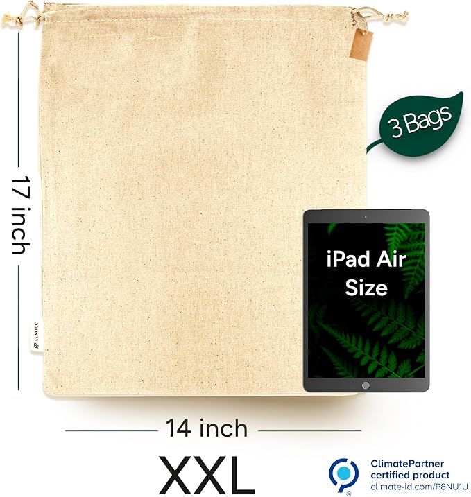 Reusable Produce Storage Bags - XX-Large 19x23 3 Pack - Breathable Muslin Fabric Sacks with Drawstrings – Dust-Proof Travel Cotton Bags for Laundry, Clothes, Purses