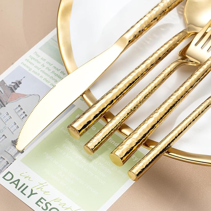 Hammered Gold Silverware Set,Zerophilo Flatware Set 20 Pieces 18/10 Stainless Steel Cutlery Set for 4 Mirror Polished,Dishwasher Safe