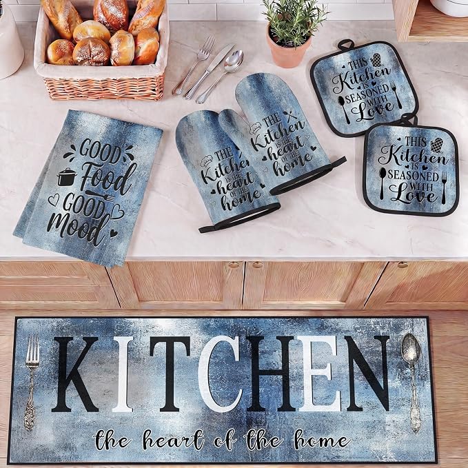 10 Pcs Kitchen Decor and Accessories Set, Rustic Country Blue | Vintage 4 Dish Towels Kitchen Rugs 2 Oven Mitts 2 Pot Holders, Home Decor for Cooking Baking BBQ Gifts Women Mom Housewarming
