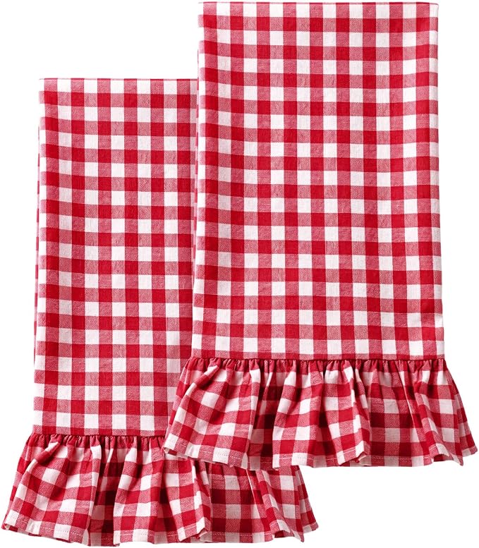 HunnmingRe 2 Pcs Red Gingham Kitchen Towels Cotton Ruffled | Checked Dish Towels 18"x28" Tea Cloths Plaid Cottage Core Kitchen Decor for Farmhouse Charm Drying Dishes Entertaining Guests