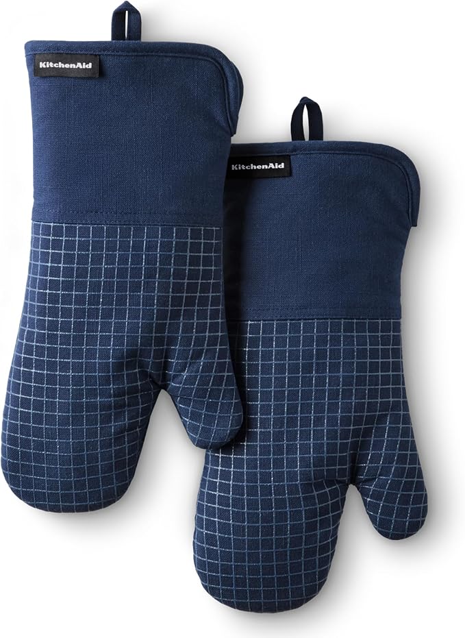 KITCHENAID Gourmet Series Gridlines Oven Mitts 2-Pack Set, Heat Resistant up to 600°F, Soft Silicone Grip, Magnetic Cuff, Ink Blue, 7"x14"