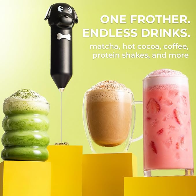 Zulay Kitchen Dog Milk Frother Wand – Cutesy Frother, Meet Your New Frothing Buddy Ace The Dog, Adoption Papers and Stickers Included, Paw-fectly for Lattes, Cappuccino & Matcha – Black