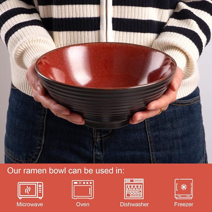 Ceramic Japanese Ramen Bowl Set, 2 Sets Asian Pho Udon Soup Noodle Bowls with Spoons and Chopsticks (Red, 8 inches)