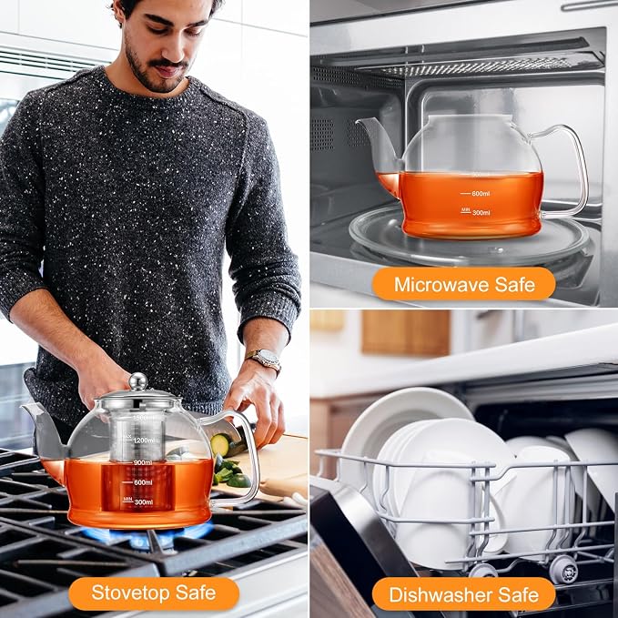 STNTUS Glass Teapot, 52 oz/1500 ml for Loose Tea, Teapot with Infusers for Loose Tea, Stainless Steel Strainer, Tea Pot for Stove