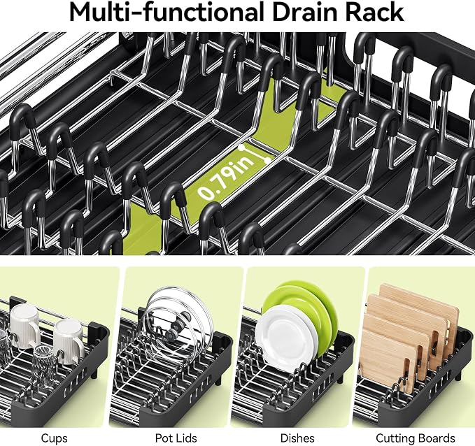 Urackify Extendable Stainless Dish Drying Rack for Kitchen Counter, Black | 13.78"W x 18.7"L, Foldable Drainboard for Space Saving, Knife and Utensil Holder, Fast-draining Spout
