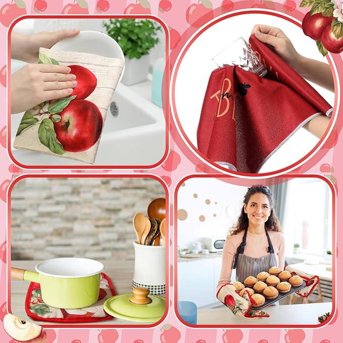 Fourluoo 10 Pcs Apple Farmhouse Kitchen Decor Set Dish Towels Kitchen Rugs Oven Mitts and Pot Holders Set for Cooking Baking Grilling Women Mom Daughter Gift (Fruit Color)
