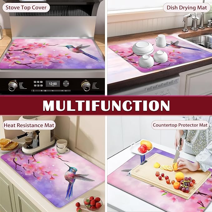 Electric Stove Top Cover Protector,Cherry Blossom Hummingbird Glass Flat Top Stove Mat,Heat-Resistant Oven Induction Cooktop Mat for Ceramic Countertop Mats Dish Drying Mat