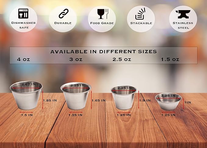 Ramekins Stainless Steel Condiment Sauce Cups, Metal Ramekins, Commercial Grade, Multifunctional, Ideal for All Hot and Cold Sauces, Individual Portion Cups (12, 2.5 oz)