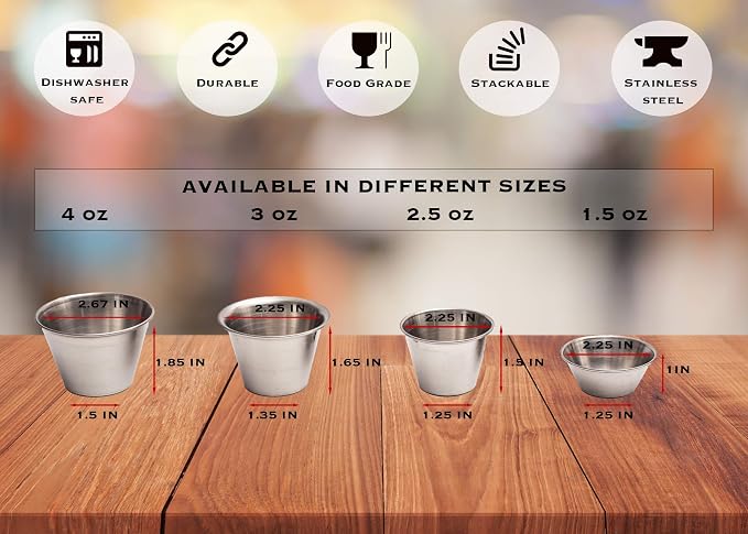 Ramekins Stainless Steel Condiment Sauce Cups, Metal Ramekins, Commercial Grade, Multifunctional, Ideal for All Hot and Cold Sauces, Individual Portion Cups (12, 3 oz)