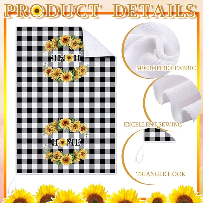 4 Pcs Sunflower Kitchen Towels Set, Hand Tea Towels Gifts | Absorbent Fast Drying Dish Clothes Yellow Black White Plaid Decor Housewarming Gift for Cooking Bathroom Kitchen Decor