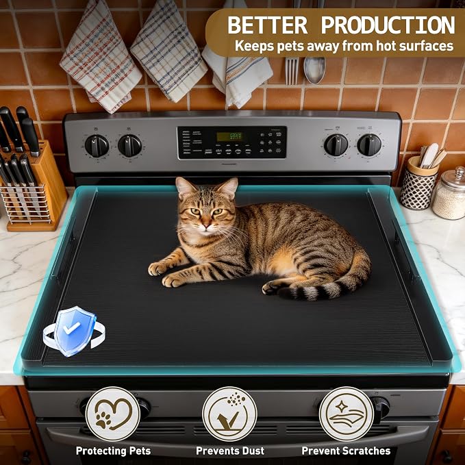 Noodle Board Stove Cover with Handles, Wood Stove Top Covers for Electric Stove and Gas Burners, Wooden Decorative Serving Tray Kitchen Sink Cover for Counter Space (Black)