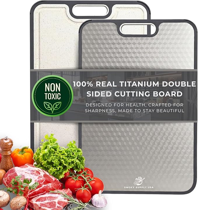 15.5 x 10 Inch Titanium Cutting Board for Kitchen, Double Sided Pure Titanium & Wheat Straw Chopping Board, Non Toxic Metal Cutting Board with Juice Groove, Non Slip Base, Scratch Reduction Mesh