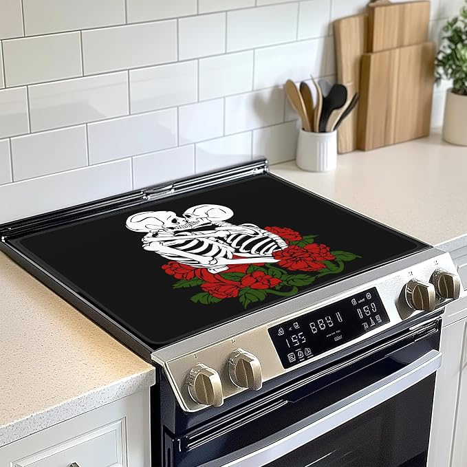 Skull Red Rose Electric Stove Top Cover Protector,Flowers Skeleton Glass Flat Top Stove Mat,Heat-Resistant Oven Induction Cooktop Mat for Ceramic Countertop Mats Dish Drying Mat