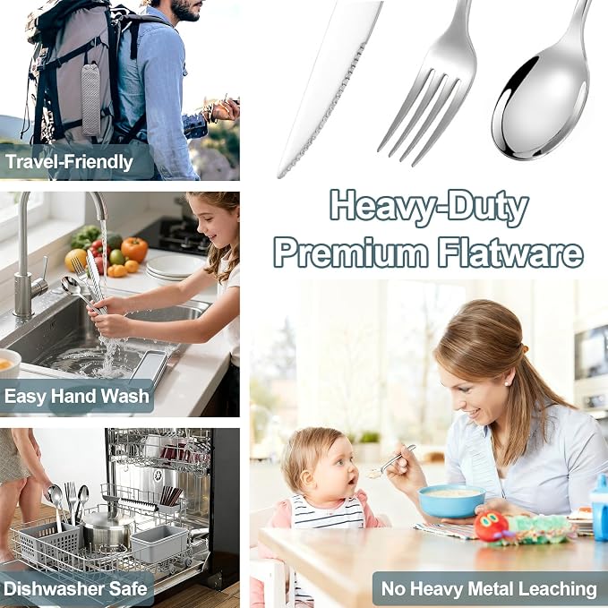 316 Stainless Steel Travel Utensils Set with Case - Food Grade Reusable Cutlery for Work, Camping, Picnic, Lunch Box - Include Fork, Knife, Spoon, Chopsticks
