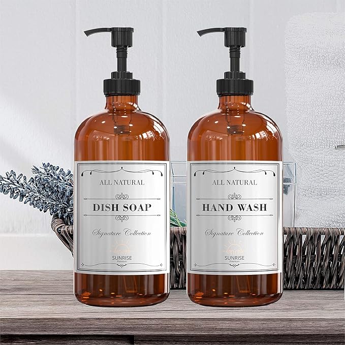 Amber Glass Soap Dispenser with Pump, 16 oz | Amber Glass, Soap Dispenser Pump Hand and Dish,Bathroom and Kitchen Sink use ,6 waterproof (Pack of 2)
