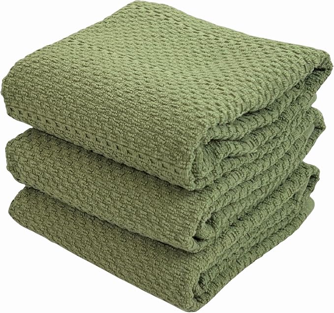 Dark Sage Green Kitchen Hand Dish Towels, Set of 3, 100% Cotton, 18" x 28" | Terry Loop Textured, Soft & Absorbent Cleaning Cloth, Quick Dry, Multipurpose for Everyday Use