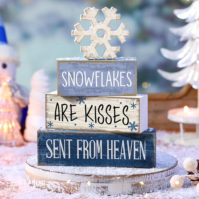 Lineshading 4 Pcs Wooden Snowflake Signs Farmhouse Tiered Tray Decor | Rustic Wooden Blocks for Tabletop or Mantel, Winter Home Decorations, Gift Set for Tiered Tray Filler